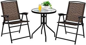 KOTEK Patio Bistro Set, 3 Piece Outdoor Furniture Set w/Round Table & 2 Folding Chairs, Tempered Glass Tabletop, Bistro Table and Chairs for Balcony, Porch, Courtyard, Brown