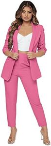 SweatyRocks Women's 2 Piece Solid Ruched Sleeve Blazer and Pants Business Office Suit Set Hot Pink XL