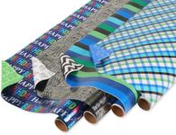 American Greetings Reversible Birthday Wrapping Paper, Plaid and Stripes (4 Rolls, 120 sq. ft)