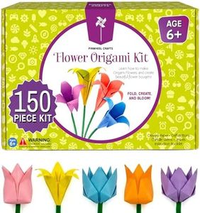 Pinwheel Crafts Flower Origami Kit for Kids Ages 8-12 | 150 Pcs Origami Paper Kit w/Multicolor Folding Papers, Chenille Stems,Buttons and Jewels, Arts and Crafts Paper Book for Kids Ages 6+