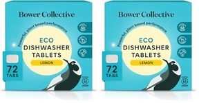Bower Collective Eco Dishwasher Tablets 144 Pack, Plastic Free Natural Dishwasher Pods, Plant Based, 87% Naturally Derived, Biodegradable Water Soluble Wrapper