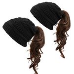 KRATARC Women's Acrylic Beanie Tail Cap (Pack Of 2) (Black_Free Size)