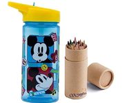 OM SUPPLIES Mickey Reusable Square Water Bottle Drink Bottle with built-in handle for Easy Carry School Lunch Kids Childrens 510ml BPA free Plastic Includes Half Size 12pcs Pencil Set (Mickey)