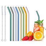 Glass Straws Reusable, 8 Pcs Multicolour Drinking Straw, Bent Glass Drinking Straws with 2 Cleaning Brushes, Eco Friendly Glass Straws for Smoothies Milkshake and Cocktail (19.5cm)