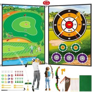FINCOME Golf Chipping Game Mat Set, Bow and Arrow Kids 8-12, 5 in 1 Golf Game Set with Sticky Balls, Darts, Axe, Golf Clubs, Golf Hitting Training Mat for Adults Family Kids Backyard Yard Party Game