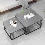 Swankique Coffee Table, Nesting Table, Side Table, Centre Table, and Iron Frame Handmade Square 20" x 20" for Living Room, Drawing Room, or Balcony with Marble MDF Top (Set of 2) Black Gray