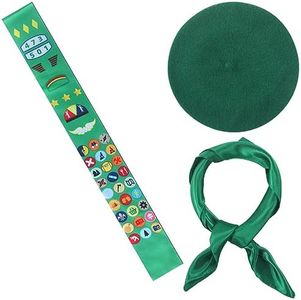 Shinymoon 3 Pcs Girl Woman Halloween Scout Costume Set for Cosplay Square Neck Hair Scarf Satin Sash French Beret Hat(Green)