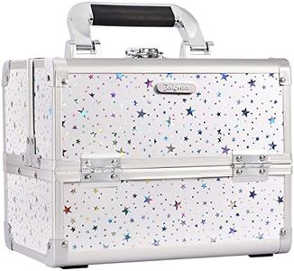 Joligrace Cosmetic Case Makeup Organiser Box Beauty Storage Train Case Vanity Box with Mirror Lockable with Keys, White Holographic Star