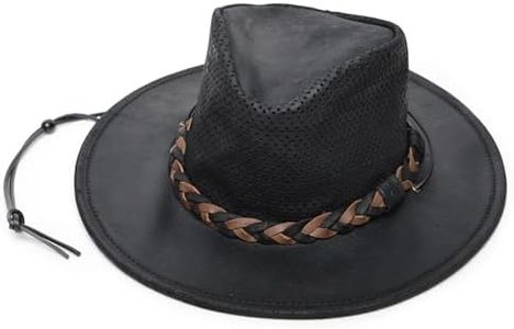 Minnetonka Fold-Up Outback Hat -Leather Brim Hat Made with Genuine Leather, Adjustable Chin Strap, and Fold-Up Design - Perfect for Any Outdoor Activity, Black, Medium