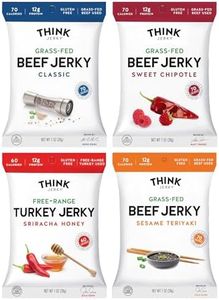 Think Jerky, Beef and Turkey Jerky Variety Pack (2.2 Ounce Bags, Pack of 4) Contains 1 Bag of Each: Classic Beef Jerky, Sweet Chipotle Beef Jerky, Sriracha Honey Turkey Jerky, and Sesame Teriyaki Beef Jerky - Healthy Jerky Snack, Low Calorie, Low Fat