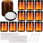 12 Pack 8 oz Amber Glass Jars with Lids, Round Empty Containers for Scrubs, Lotions, Cosmetic, Ointments and Butters, Travel Storage Jar with White Inner Liners Ã‚£Ã‚¬Black Lids, lables and Spatulas