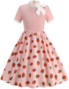 Girls 1950s Vintage Strawberry Swing Dress with Pockets Pink 5-6 Years