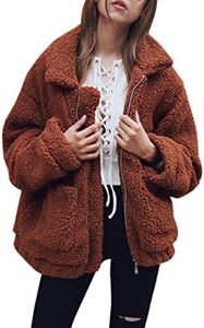 ECOWISH Women Jacket Winter Coat - 2023 Fur Fleece Long Sleeve Sherpa Faux Fuzzy Fall Teddy Fluffy Zip Lapel Outfits Coffee 2XL
