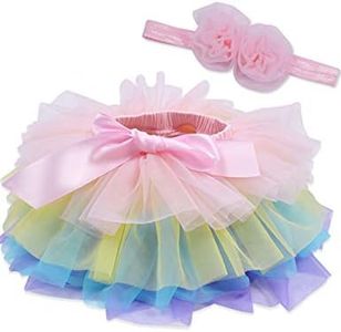 Baby Girls Tutu Bloomers Diaper Cover Cotton Tulle Bloomers and Headband Set Rainbow 1-2 Years
