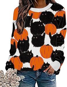 Neyaolk Crewneck Sweater Pumpkin Sweatshirt Halloween - Cat Printed Casual Loose Long Sleeve Pullover Tops Plus Size XXL Pattern 30