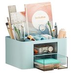 Marbrasse Desk Organiser with Drawers, Multifunctional Pen Holder Desk with 7 Compartments, 2 Drawers, Office Organiser Desk and Accessories (Blue)