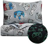 KIDS RULE 2-Piece Gamer Glow in The Dark Comforter Set, with 1 Twin Bed Size Comforter and 1 Standard Pillowcase, Game Controllers Print, Blue, Grey,Gifts for Kids - Twin