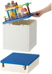 SHIMOYAMA Folding Storage Box with Building Lid for Duplo Blocks, 26 Qt. Foldable Toy Container, 25L Collapsible Storage Bin with Building Baseplate for Lego Bricks, Blue