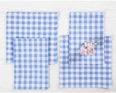 Solino Home 100% Linen Napkins Hydrangea Blue Check, 20 x 20 in, Set of 4