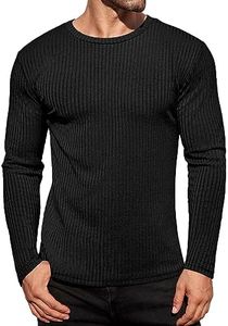 Ekouaer Men's Long Sleeves Tops Lightweight Thermal Underwear Shirts Ribbed Crew Neck Loungewear Solid Tight Tees Black S