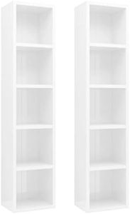 vidaXL - Set of 2 Modern Compact CD Cabinets, High Gloss White, Engineered Wood, 80 CD Storage Capacity, Dimensions: 21x16x93.5 cm