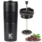 French Press Coffee Travel Mug - Portable Coffee Maker - French Press - Perfect for Tea and Coffee - Hot and Cold Coffee Press Brewer Thermoses Cup - Black - 450ml 15oz Stainless Steel