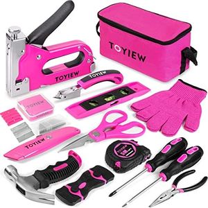 TOYIEW 33Pcs Pink Staple Gun Tool Set, 3 in 1 Upholstery Staple Gun for Wood Heavy Duty and 900 Staples, Perfect for DIY Decoration, Crafts, Carpentry, Arts, Pink Tool Kit for Women