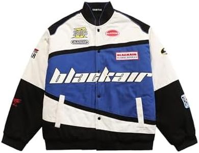 Vamtac Mens Varsity Baseball Jacket Bomber Cotton Vintage Racing Coats Streetwear with Pocket Blue M