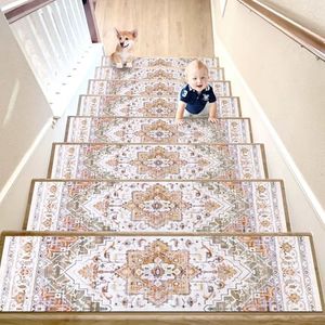 MJIAHOMDEC Carpet Stair Treads for Wooden Steps 15pcs Indoor Rubber Staircase Step Treads Non Slip Stair Runner Mats for Dogs and Kids Stairway Grip Step Treads Carpet