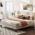 Gizoon Queen Bed Frame with Wingback Headboard, Upholstered Platform Bed with Modern Geometric Headboard, Wooden Slats, Noise-Free, No Box Spring Needed (Beige, Queen)