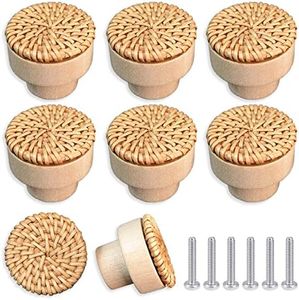 ETIUC 6 Pack Boho Rattan Dresser Knobs Wood Drawer Knobs Handmade Woven Boho Wicker Knobs for Cabinets Dresser Handles Hardware Pulls Kitchen Cabinet Knobs Boho Wood Furniture Knobs (Rattan)