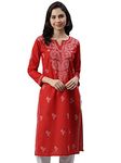 Ada Handmade Indian Chikankari Pure Cotton Kurta Kurti Tunic for Women XL197564 Red