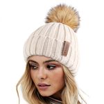 FURTALK Winter Hats for Women Double Layer Fleece Line Beanie Hat with Bobble Pom Pom Hats Beige