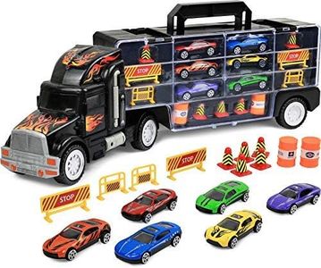 Click N�’ Play Truck Transport Carrier Toy for Boys and Girls, 15 Piece Hauler Truck with Cars, Road Signs, & More, Includes 28 Car Slots - Great Gift For Toddlers & Kids Age 3+, Black