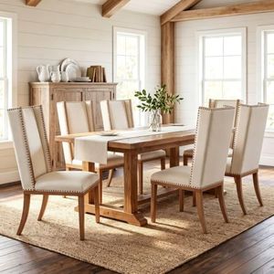 DM Furniture Upholstered High Back Dining Chairs Set of 6, Traditional Wingback Kitchen Chairs with Wood Legs, Nailhead Trim Wing Back Head Table Chair for Dining/Living Room, Linen White