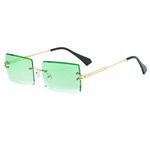 LASPOR Retro Rimless Rectangle Sunglasses for Women Men Tinted Lens Gold Metal Frameless Vintage Square Glasses, Green Gradient, One Size