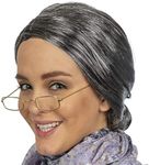 Skeleteen Old Lady Costume Set - Grey Granny Wig and Fake Gold Rectangle Eyeglasses Grandma Set for Women and Girls