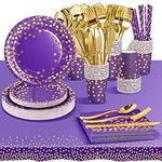 AIPartywar Party Tableware Set, Kids Birthday Party Supplies 226 Piece Purplegold Paper Plates Set Party Plates Cups Napkins Straw Dinnerware for Babyshower Engagement Wedding Birthday- 25 Guests