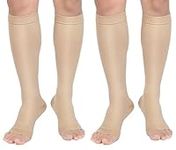 Compression Socks, 2 Pairs, 20-30 mmHg Graduated Knee-Hi Compression Stockings for Unisex, Open Toe, Opaque, Support Hose for DVT, Pregnancy, Varicose Veins, Relief Shin Splints, Beige M