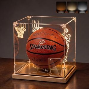 OCEYVI Basketball Display Case with LED Light & Solid Wood Base, UV Protected Display Stand Box with Magnetic Card Slot, Collectible Showcase Designed Specifically for Autographed NBA/WNBA Basketballs