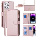 Jaorty for iPhone 15 Pro Max Phone Wallet Case for Women with Card Holder,for iPhone 15 Pro Max Crossbody Case with Strap Lanyard,Zipper Pocket Magnetic Flip Leather Case with Wallet,6.7" Rosegold