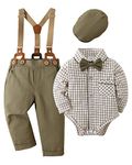 Amissz Baby Boy Gentleman Clothes Suit Infant Formal Long Sleeve Tuxedo Romper Jumpsuit + Suspender Pants + Beret Hat 3pcs Green, 12-18 months