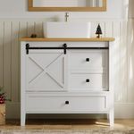 DWVO 36" Farmhouse Bathroom Vanity with Sink Combo, Barn Door Bathroom Storage Cabinet with Sliding Door & 3 Drawers, Ceramic Vessel Sink Top, White