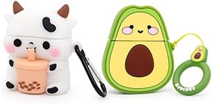 Mouzor Cute Avocado Airpods Case, Boba Tea Cow Airpods 2 Case, 2 PACK, Funny 3D Cartoon Soft Silicone Full Protection Charging Cases Cover with Carabiner for Airpods 1st Generation, 2nd Generation