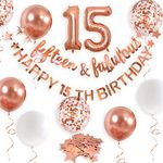 Rose Gold Fifteen & Fabulous Happy 15th Birthday Banner Garland Foil Balloon 15 for Girls 15th Birthday Decorations Hanging 15 and Fabulous Cheers to 15 Years Old Birthday Party Supplies Backdrop