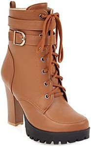 MIOKE Women's Round Toe Platform Dressy Ankle Boots Lace Up Zipper Chunky Block High Heel Dress Short Bootie, Brown-velvet Lined, 7