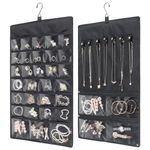 Syeeiex Hanging Jewellery Organiser, Double-Sided Jewellery Holder with Hanger Metal Hooks - 34 Pockets and 7 loops, Jewellery Storage Roll for Earrings, Necklaces, Rings on Wardrobe 1 Pack - Black