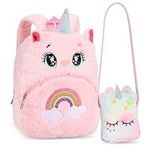 HIFOT 2 Piece Plush Unicorn Backpack Purse for Kids, Cute Cartoon Cat Bookbags Wallet Sets Unicorns Gift for Toddler Girls