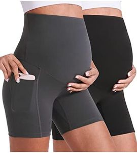 Enerful Womens Maternity Yoga Shorts Over The Belly Comfy Workout Running Active Biker Pregnancy Support Shorts with Pockets 5 Inch 2 Pack Black Grey Medium