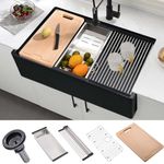 33 Inch Black Farmhouse Sink Workstation-Hovheir 33x20 Fireclay Farmhouse Kitchen Sink Apron Front Sink Matte Black Porcelain Ceramic Single Bowl Deep Kitchen Farm Sink with Cutting Board&Colander